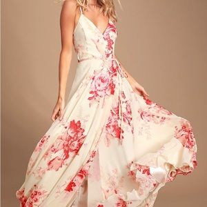 Elegantly Inclined Cream and Coral Floral
Print Wrap Maxi Dress